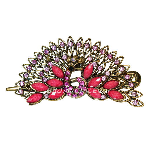 Haarspange Pfau Vintage Metall Strass rosa pink gold 5682a - zum Schließen ins Bild klicken